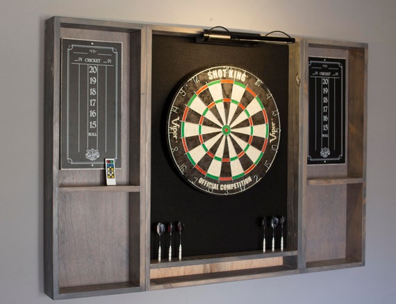 Gray Weathered Wood Dartboard Cabinet It Comes as a Complete Set. Dartboard,  Darts, Led Light W/ Dimmer and Remote. 