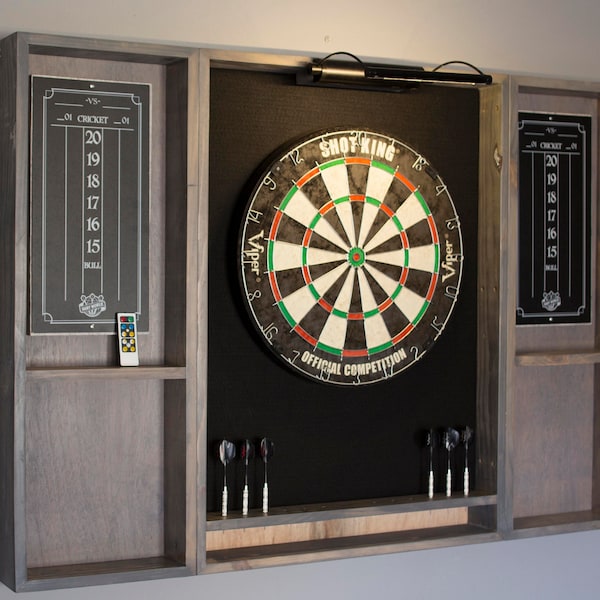 Gray weathered wood dartboard cabinet It comes as a complete set. Dartboard, darts, led light w/ dimmer and remote.