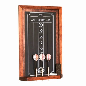 Chalkboard scoreboard for the game of Cricket, with storage for 3 darts, mini shelf for the chalk and eraser, hanging bracket in Mahogany.