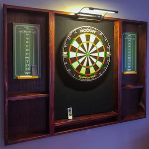 Handcrafted Dartboard Cabinet Set that includes a dartboard, darts with 2 scorekeepers and a led light. Family games, game room, man cave.