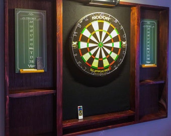 Handcrafted Dartboard Cabinet Set: LED Light, Scorekeepers, Darts - USA Made