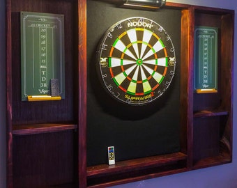 Wood Dartboard cabinet is a great addition to any game room or man cave. It comes as a complete set. Dartboard, darts, led w/remote and 2 SB