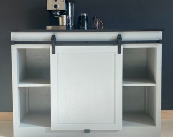 Modern farmhouse coffee bar, beverage storage center.  Makes a great wine or liquor cabinet with plenty of storage space.