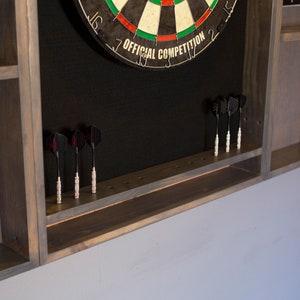 Gray weathered wood dartboard cabinet It comes as a complete set. Dartboard, darts, led light w/ dimmer and remote. image 4