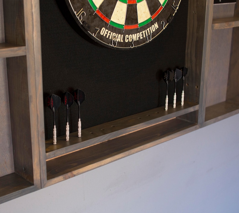 Gray weathered wood dartboard cabinet It comes as a complete set. Dartboard, darts, led light w/ dimmer and remote. image 4