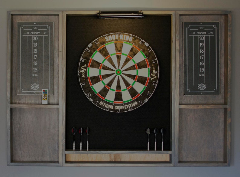 Gray weathered wood dartboard cabinet It comes as a complete set. Dartboard, darts, led light w/ dimmer and remote. image 2