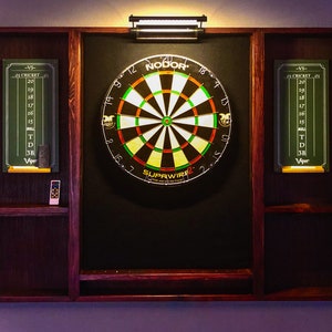 Wood Dartboard cabinet is a great addition to any game room or man cave. It comes as a complete set. Dartboard, darts, led w/remote and 2 SB image 2