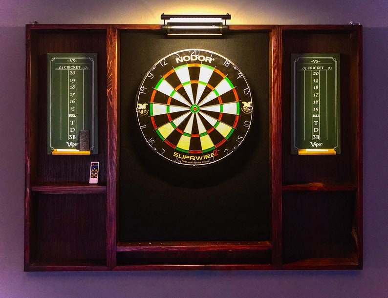 Wood Dartboard cabinet is a great addition to any game room or man cave. It comes as a complete set. Dartboard, darts, led w/remote and 2 SB image 2