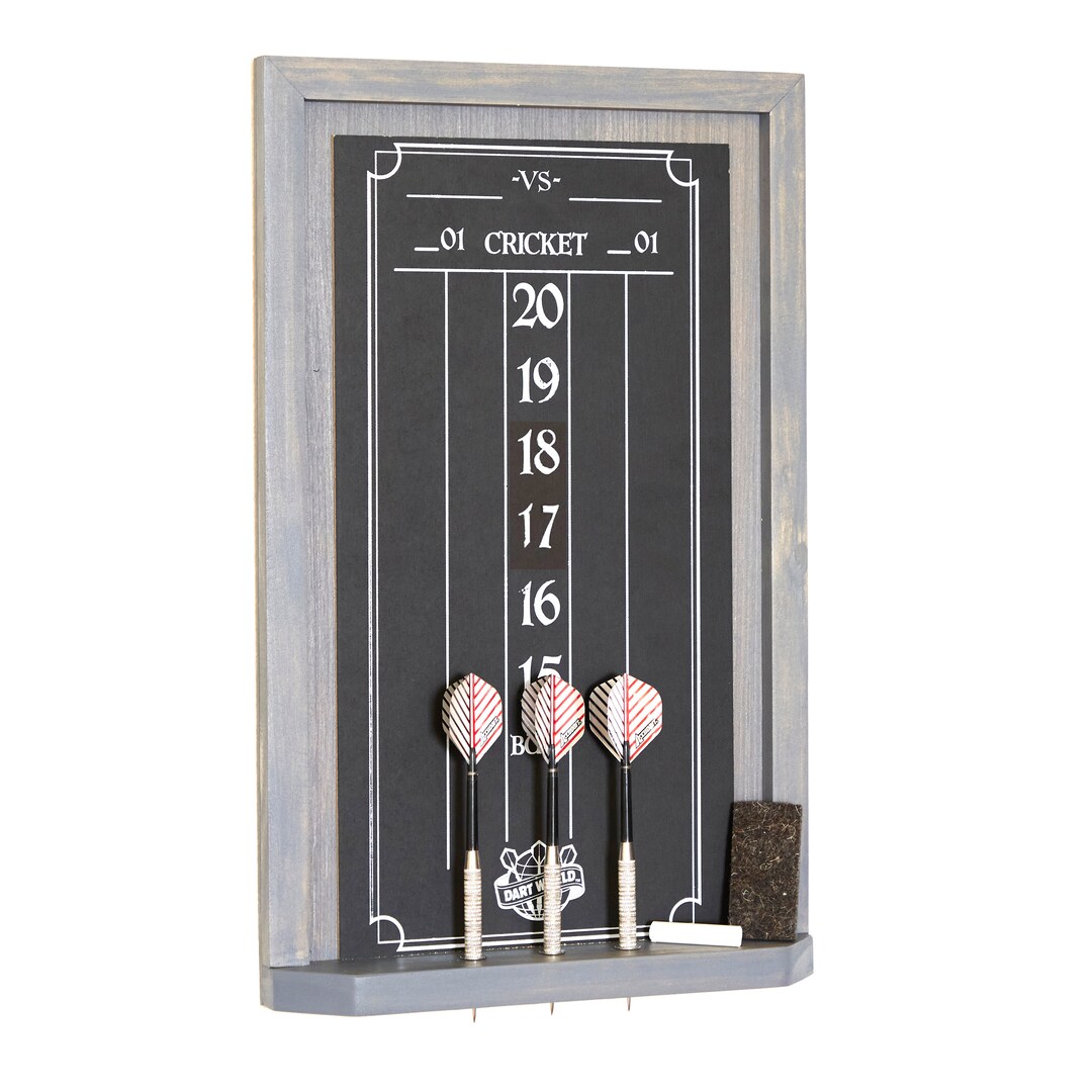 Dart Chalkboard Scoreboard for the Game of Cricket With a 3 Dart Storage With a Gray Weathered