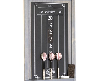 Black cricket chalk scoreboard that comes with eraser, chalk, and dart storage for 6 darts. Custom original design.