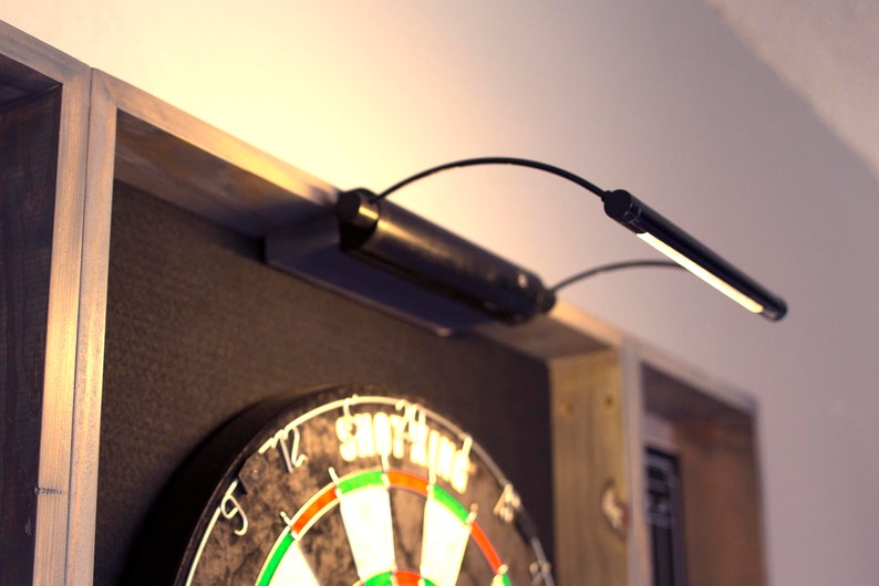 Gray weathered wood dartboard cabinet It comes as a complete set. Dartboard, darts, led light w/ dimmer and remote. image 5