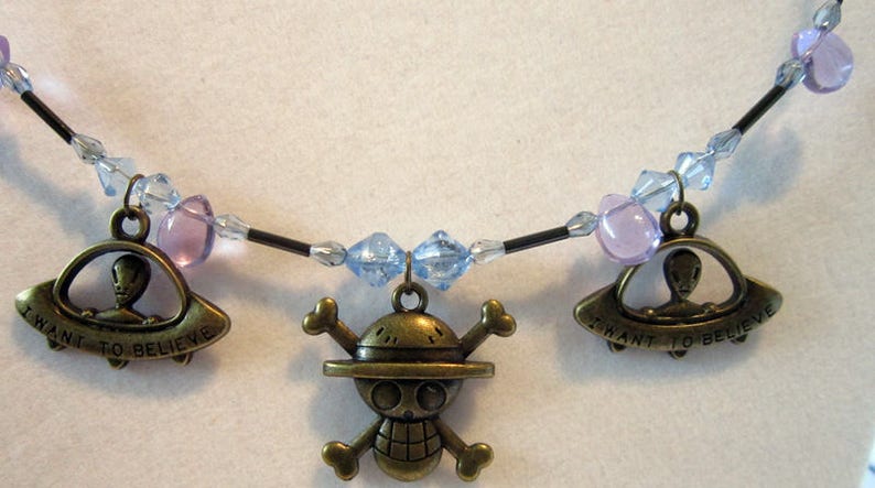 Spaceships blue beads adjustable size blue beadscrystals Necklace choker style w Sci Fi Aliens