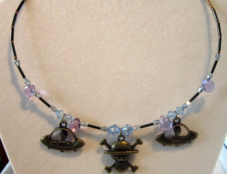 Spaceships blue beads adjustable size blue beadscrystals Necklace choker style w Sci Fi Aliens