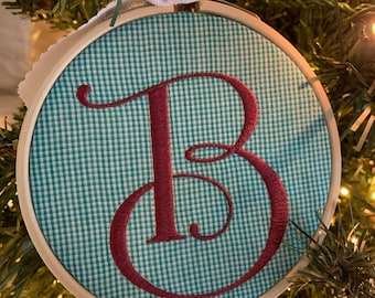 Monogrammed Christmas Ornament, Embroidered Monogram on Green Vintage Fabric in Embroidery Hoop Ornament
