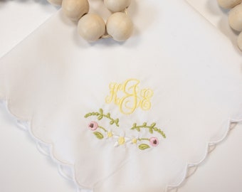 Monogrammed Daisy Handkerchief, Personalized Handkerchief, Scalloped Edge