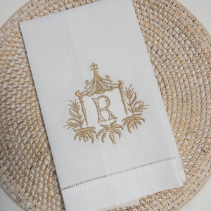Monogrammed Pagoda Linen Hand Towel, Chinoiserie Chic Powder Room Hand Towel, Designer Hand Towel Custom Monogram Fingertip Towel