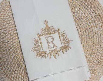 Monogrammed Pagoda Linen Hand Towel, Chinoiserie Chic Powder Room Hand Towel, Designer Hand Towel Custom Monogram Fingertip Towel