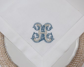 Monogrammed Linen Dinner Napkin, Hemstitched Cloth Napkins, Wedding Gift #113