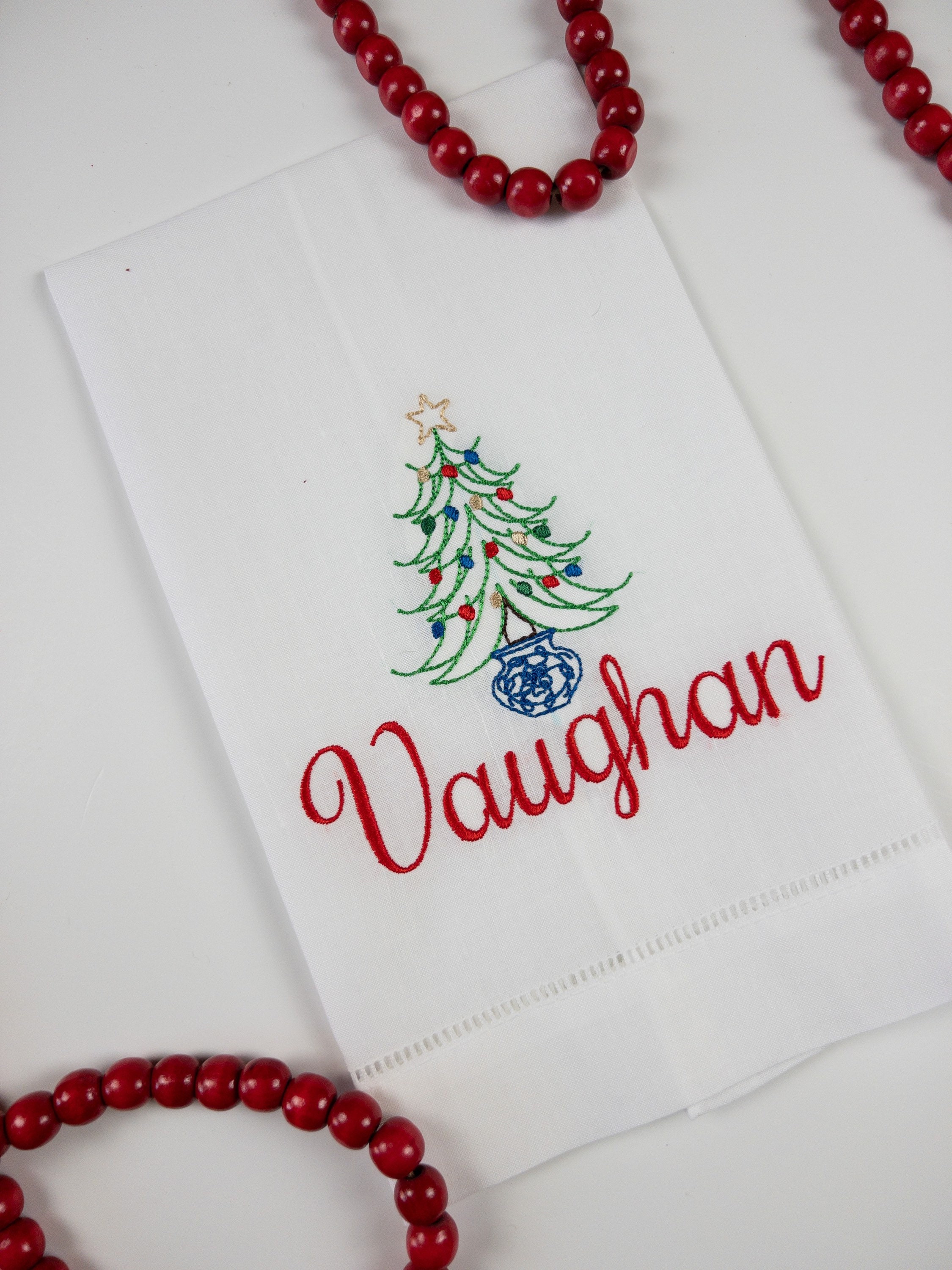 Personalized Chinoiserie Style Holiday Tree Linen Hand Towel; Chinoiserie Christmas Tree Tea Towel #119