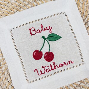 Cherry Embroidered Cocktail Napkin, Fruit Themed Gift, Cherry Gift, Cherry Custom Cocktail Napkin image 2