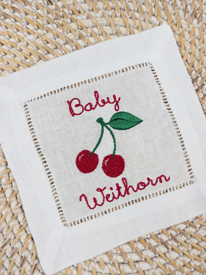 Cherry Embroidered Cocktail Napkin, Fruit Themed Gift, Cherry Gift, Cherry Custom Cocktail Napkin image 2