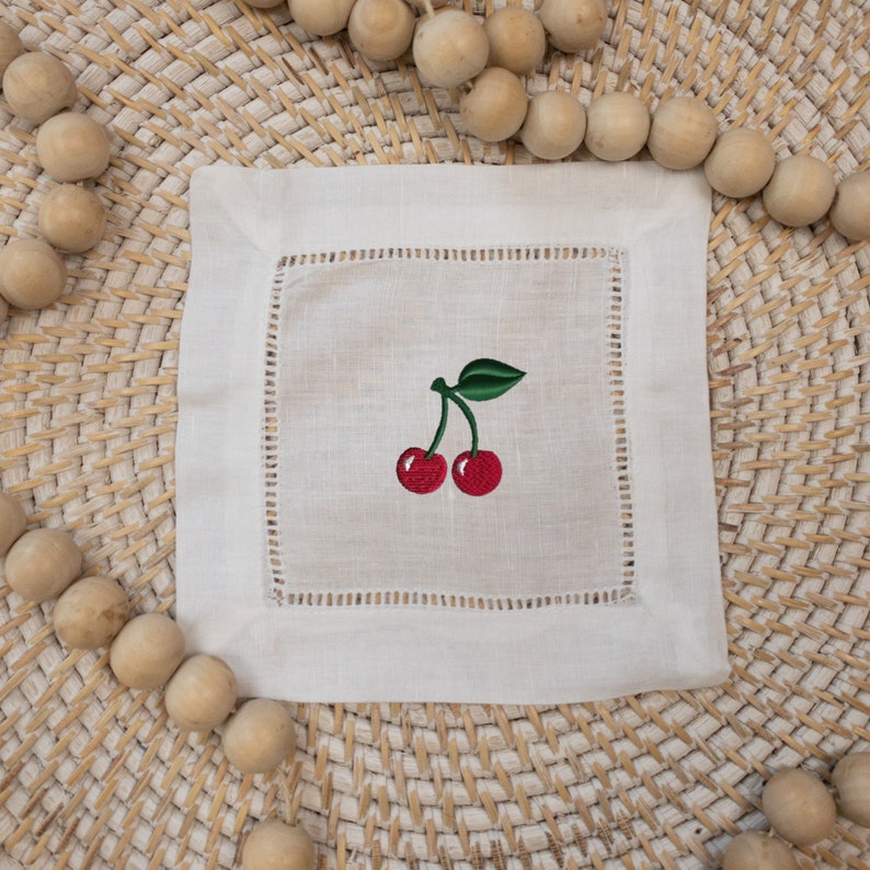 Cherry Embroidered Cocktail Napkin, Fruit Themed Gift, Cherry Gift, Cherry Custom Cocktail Napkin image 3