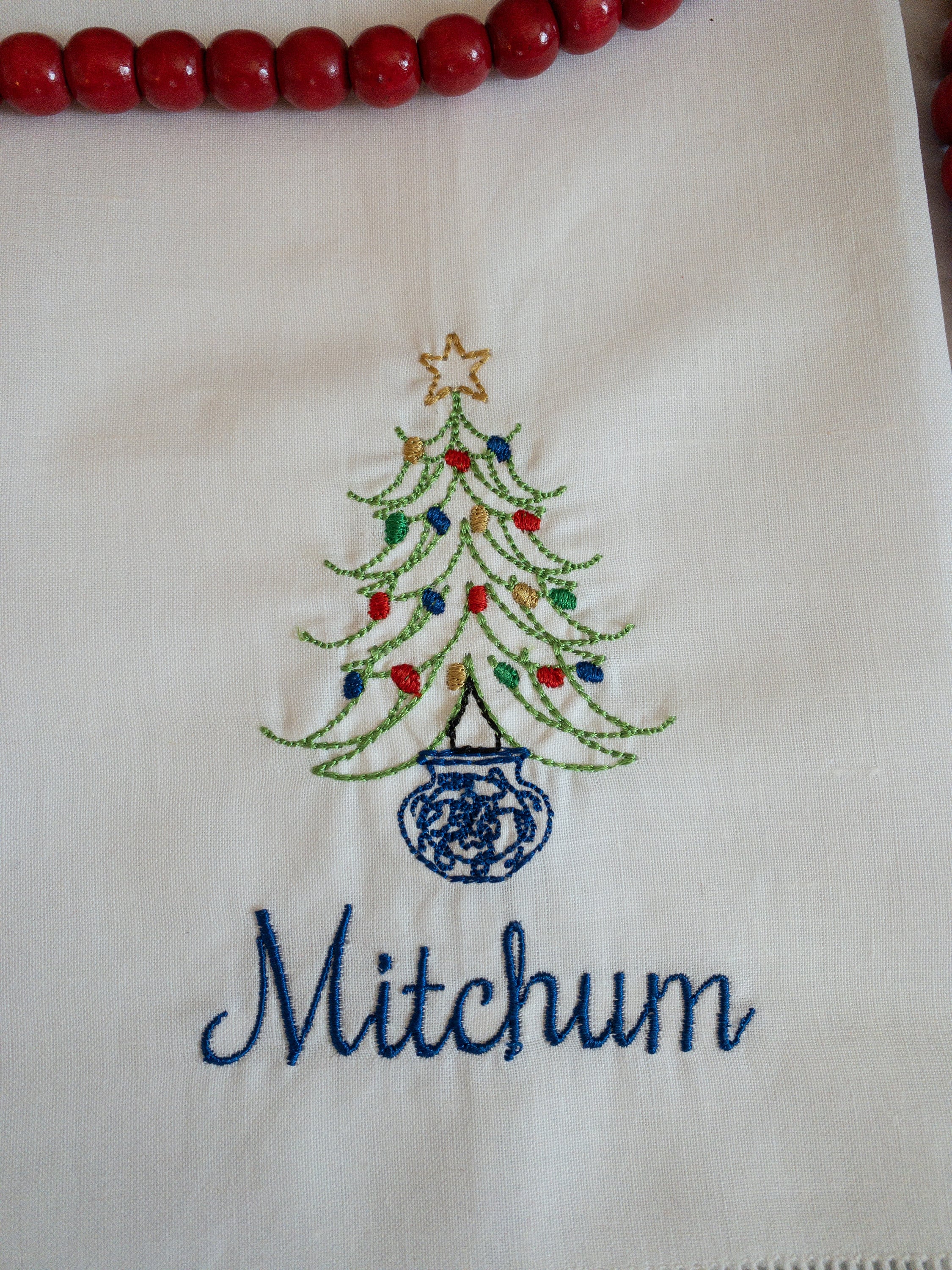 Personalized Chinoiserie Style Holiday Tree Linen Hand Towel; Chinoiserie Christmas Tree Tea Towel #119
