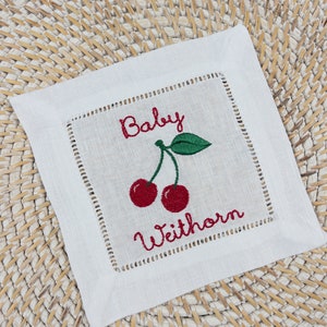 Cherry Embroidered Cocktail Napkin, Fruit Themed Gift, Cherry Gift, Cherry Custom Cocktail Napkin image 1