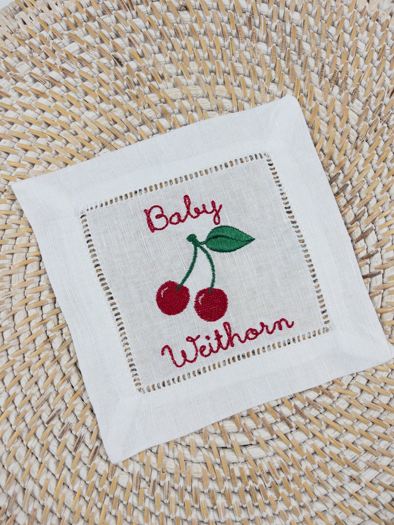 Cherry Embroidered Cocktail Napkin, Fruit Themed Gift, Cherry Gift, Cherry Custom Cocktail Napkin image 1