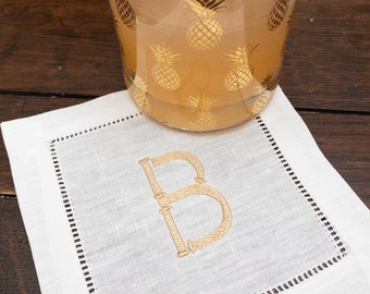 Personalized Linen Cocktail Napkin with Gold Bamboo Monogram, Custom Monogrammed Drink Napkin, Hostess Gift