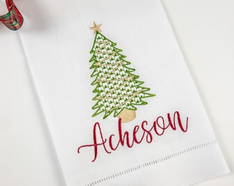Monogrammed Linen Christmas Tree Hand Towel #112
