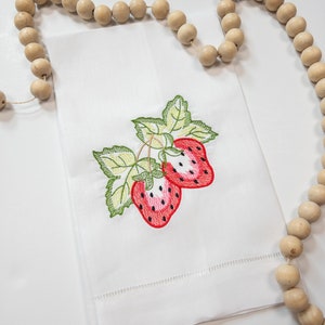 Strawberry Embroidered Linen Hemstitched Hand Towel