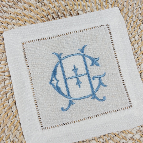 Antique Style Double Monogram Embroidered Linen Cocktail Napkins, Double Monogram, Linen Cocktail Napkins, Personalized Cocktail Napkin #110