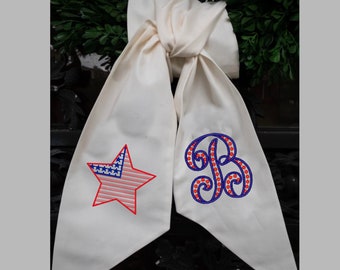 Patriotic Stars and Stripes Monogrammed Wreath Sash, Custom Fourth of July Wreath Sash, Monogrammed Independence Day Wreath Bow #123