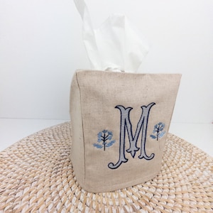 Monogrammed Tissue Box Cover, Personalized Linen Tissue Box Cover, Hostess Gift, Monogrammed Gift, Blue and White Monogram, Traditional