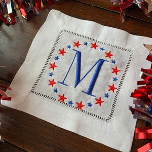 Patriotic Stars Monogrammed Cocktail Napkin - Personalized Patriotic Monogram Linen Cocktail Napkin