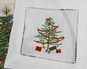 Christmas Tree Cocktail Napkin, Christmas Tree China Complement, Embroidered Drinks Napkin, Christmas Barware, Christmas Hostess Gift