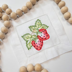 Strawberry Embroidered Linen Cocktail Napkin, Cottagecore Style Drink Napkin, White Linen Hemstitched Napkins