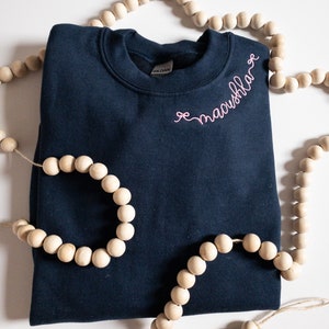 Toddler Girls Custom Embroidered Neckline Sweatshirt, #117, Navy Toddler Embroidered neckline sweatshirt, Kids Embroidered Sweatshirt