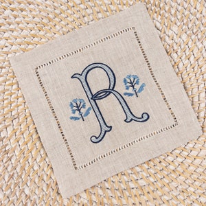 White Linen Cocktail Napkins Monogrammed with a Colonial Style Flower  #118
