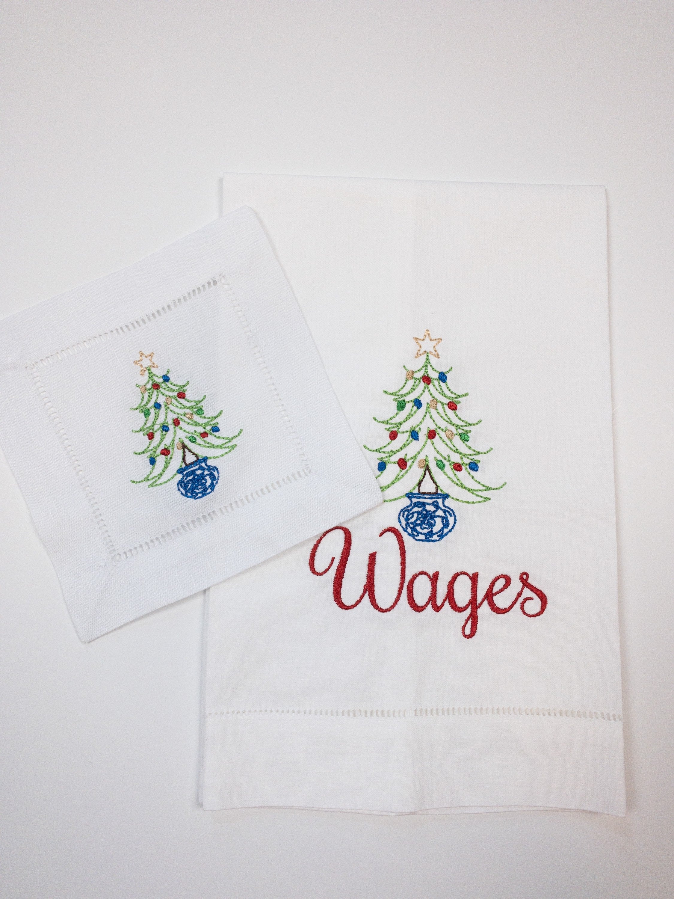 Personalized Chinoiserie Style Holiday Tree Linen Hand Towel; Chinoiserie Christmas Tree Tea Towel #119