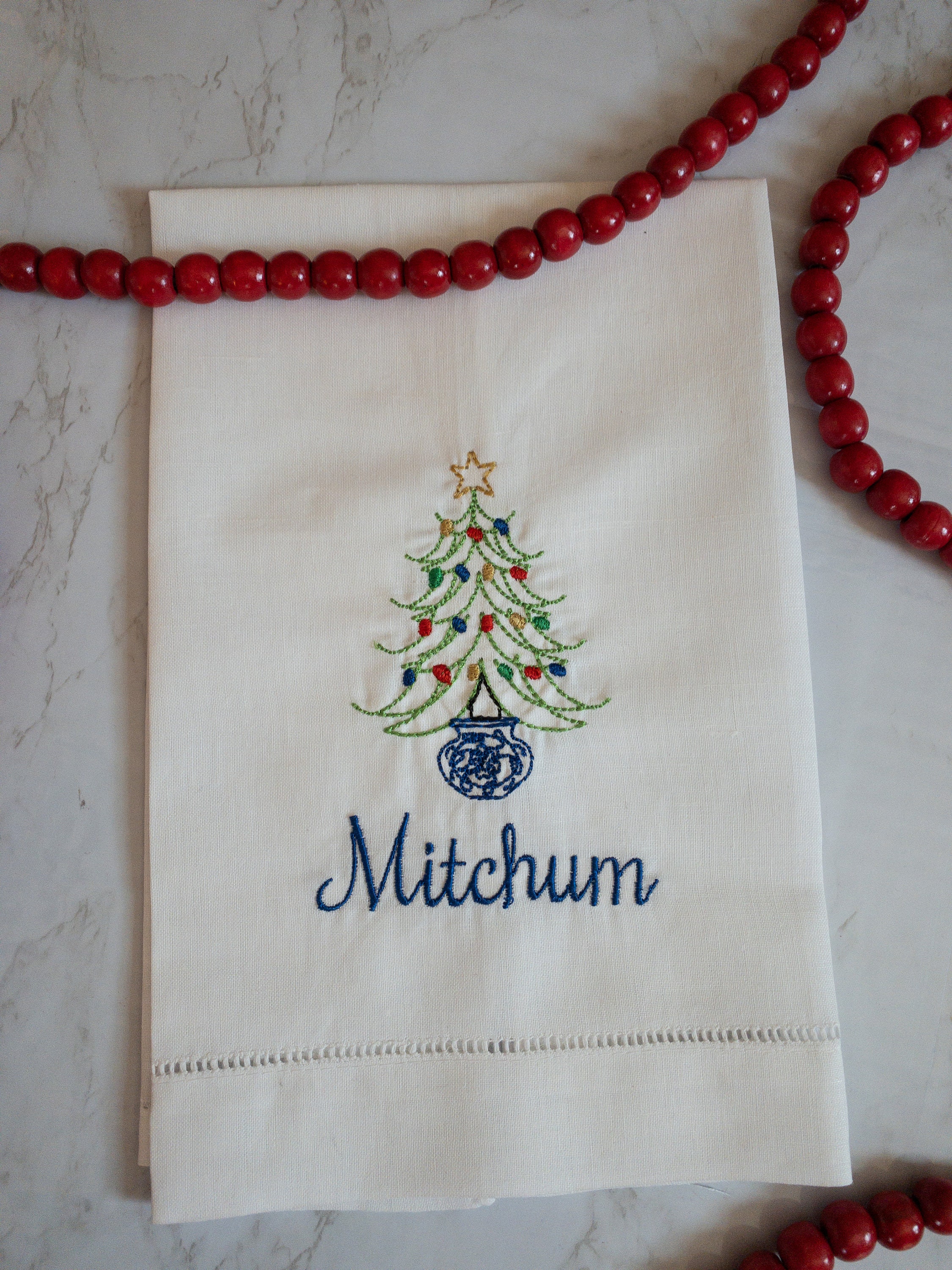 Personalized Chinoiserie Style Holiday Tree Linen Hand Towel; Chinoiserie Christmas Tree Tea Towel #119