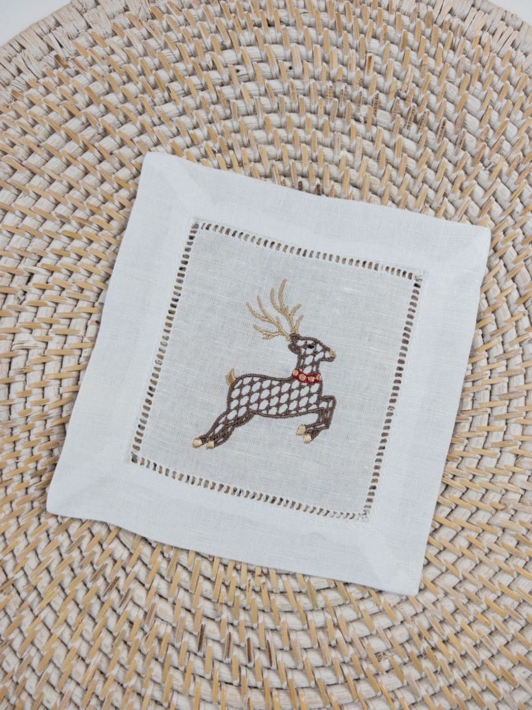Reindeer Cocktail Napkin Christmas Drink Napkins White Linen Etsy