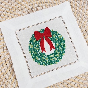 刺繍入りクリスマスリースカクテルナプキン、クリスマスドリンクナプキン