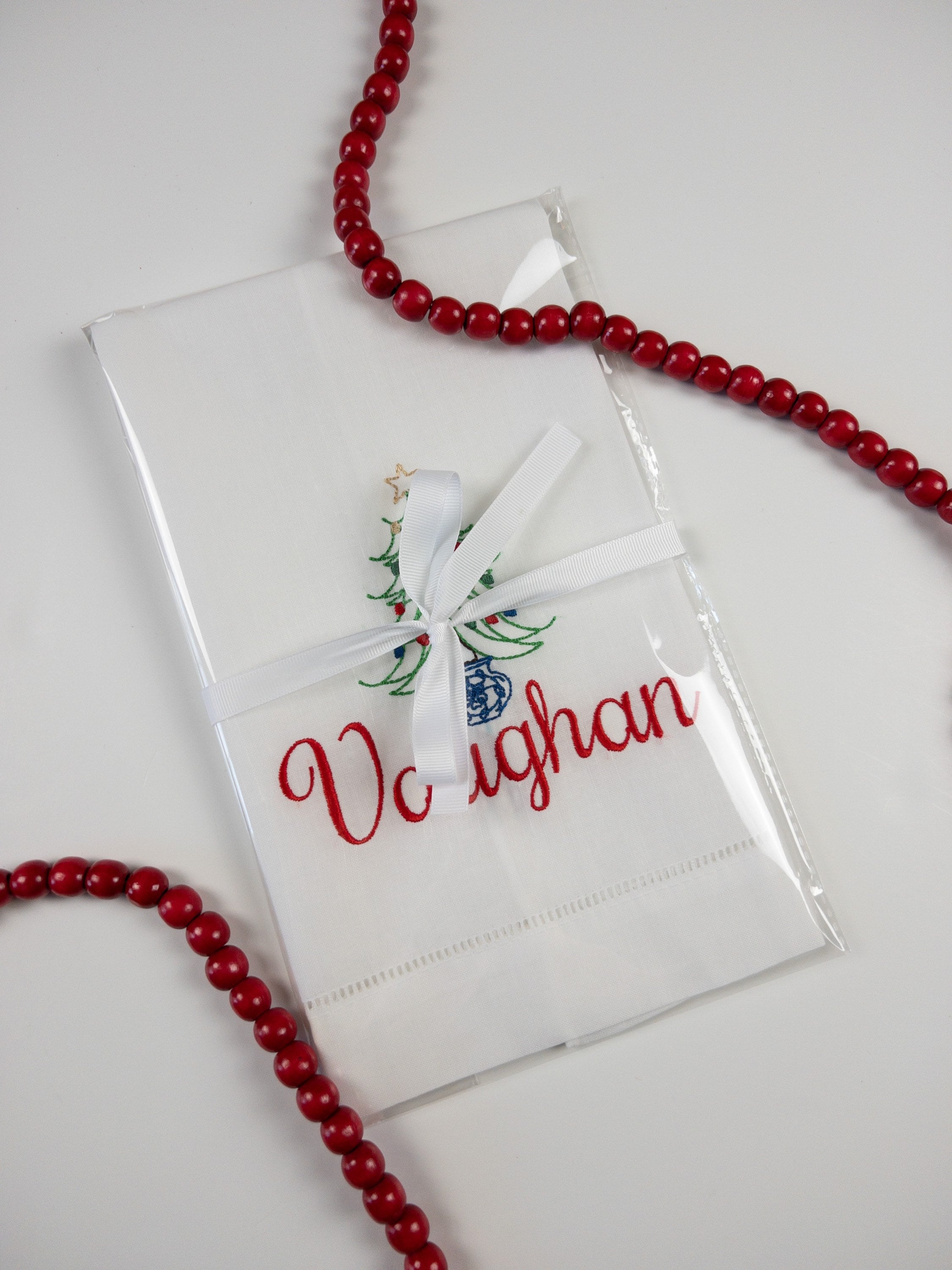 Personalized Chinoiserie Style Holiday Tree Linen Hand Towel; Chinoiserie Christmas Tree Tea Towel #119