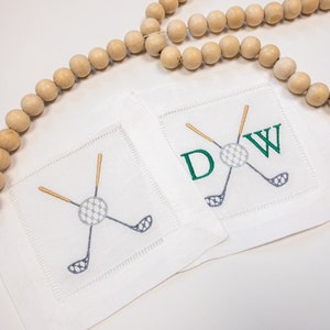 ゴルフクラブとボールの刺繍入りカクテルナプキン、モノグラム入りゴルフカクテルナプキン、男性向けのパーソナライズされたゴルフギフト、男性向けギフト