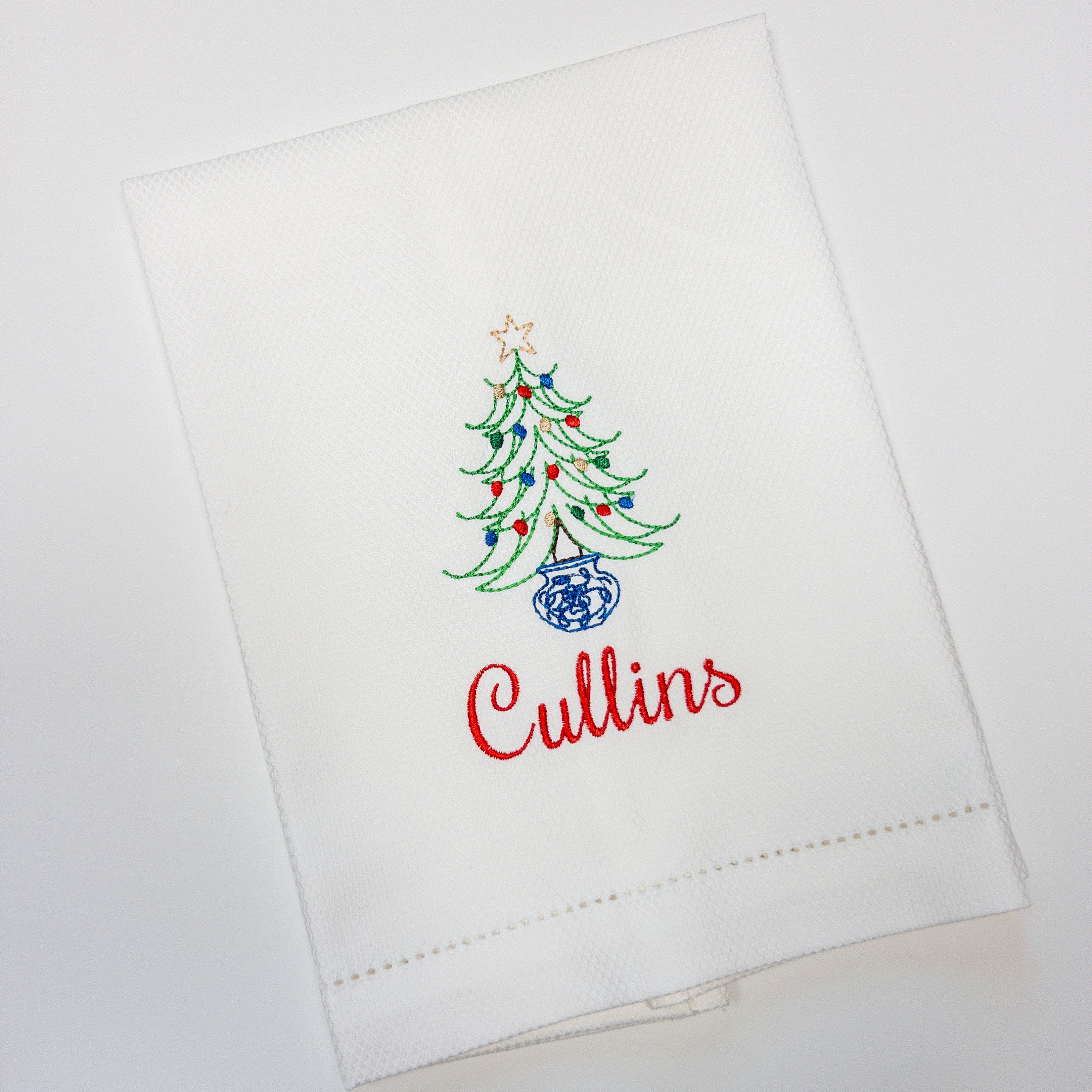 Personalized Chinoiserie Style Holiday Tree Linen Hand Towel; Chinoiserie Christmas Tree Tea Towel #119