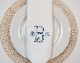White Linen Dinner Napkins Monogrammed with a Colonial Style Flower #118