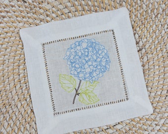 Hydrangea Cocktail Napkin, Flower Cocktail Napkin, Garden Party Cocktail Napkin, Hostess Gift, Embroidered Hydrangea Napkin, Gardener Gift