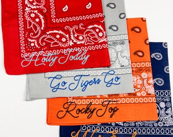 Personalized Bandana, Team Slogan Bandana, Chain Stitch Embroidered Bandana